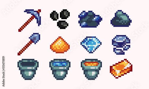 Mining equipment and production pixel art set. Pick, shovel, minerals, diamond, ore, liquids collection. Full empty bucket. 8 bit sprite. Game development, mobile app.  Isolated vector illustration.