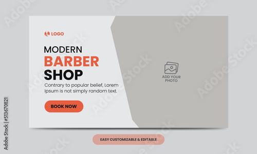 Modern barber shop video thumbnail template. Editable salon web banner template