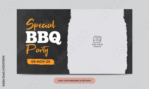Barbeque social media thumbnail template. Delicious grill bbq food video web banner 