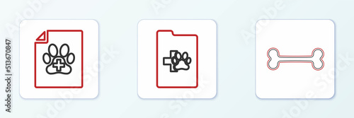 Set line Dog bone, Medical certificate for dog or cat and Clinical record pet icon. Vector
