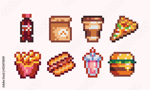 Fast food and to go beverages pixel art set. Soda, coffee, pizza, hot dog, fries, shake, burger collection. 8 bit sprite. Game development, mobile app.  Isolated vector illustration.