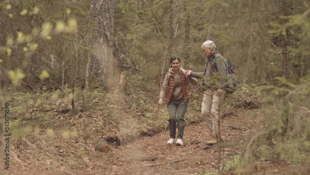 Slowmo of active mature couple talking while going down trail, hiking in beautiful forest in spring Slowmo of active mature couple talking while going down trail, hiking in beautiful forest in spring