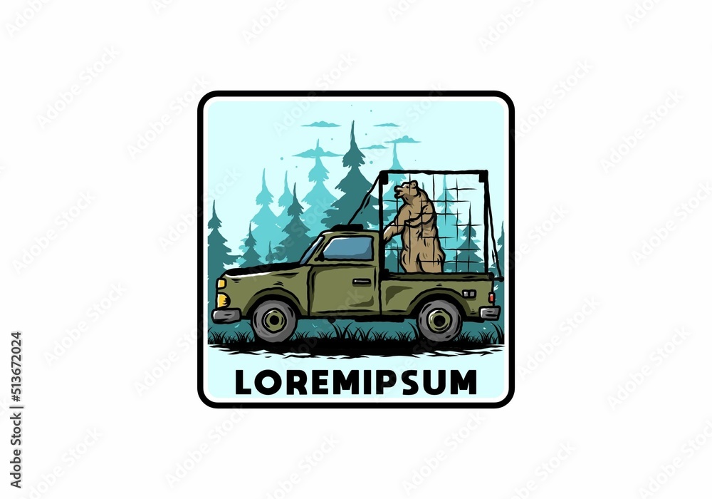 Big bear in cage on car illustration Big bear in cage on car illustration
