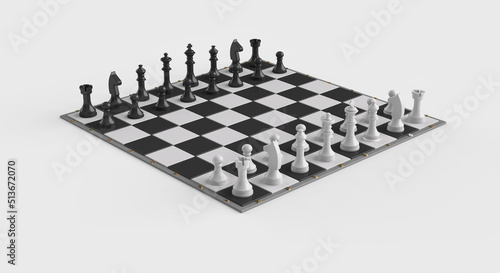 Chess pieces on the board in the starting position. isolated. 3D Rendering.