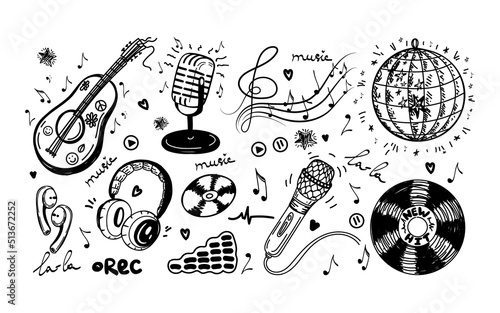 A set of hand-drawn musical elements in sketch style. Guitar or ukulele. Headphones, microphones, CDs, audio, Disco ball, violin key with notes and recording icons. Vector simple isolated illustration