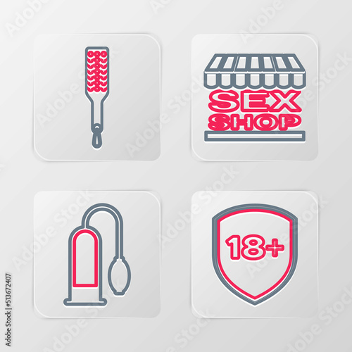 Set line Shield with 18 plus, Penis pump, Sex shop building and Spanking paddle icon. Vector