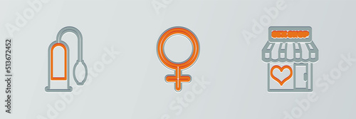 Set line Sex shop building, Penis pump and Female gender symbol icon. Vector