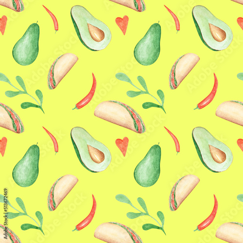 Watercolor taco and avocado seamless pattern on a yellow background. Hand-drawn Mexican food endless print. Fiesta wallpaper. Tacos, avocado, chili pepper, heart, leaves.