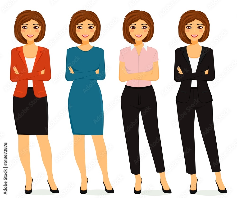 A young woman in various business suits stands on a white background. Flat style. Cartoon.