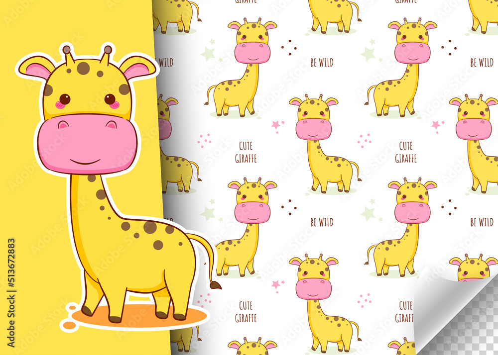 Fototapeta premium Cute cartoon giraffe character. Kids card and seamless background pattern. Hand drawn design vector