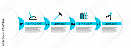 Set line Gardening handmade scissor, fence, rake and Shovel the ground icon. Vector
