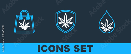 Set line Marijuana or cannabis leaf oil, Shopping bag of marijuana and Shield and icon. Vector