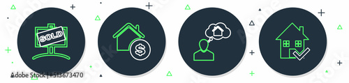 Set line House with dollar, Man dreaming about buying house, Hanging sign Sold and check mark icon. Vector
