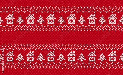 Knit seamless pattern. Christmas red background with house and tree. Xmas geometric border. Knitted sweater print. Holiday fair isle traditional texture. Festive winter ornament. Vector illustration