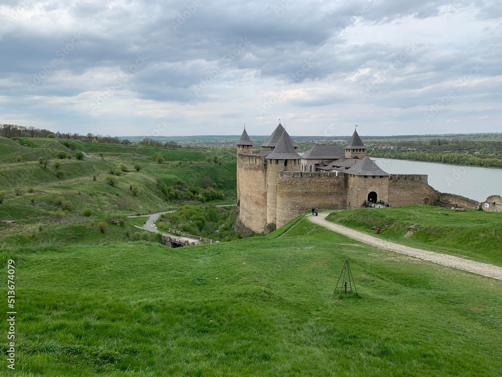 old castle on the river hills. Khotyn Ukraine.