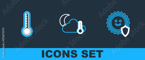 Set line UV protection, Meteorology thermometer and Thermometer and cloud, moon icon. Vector