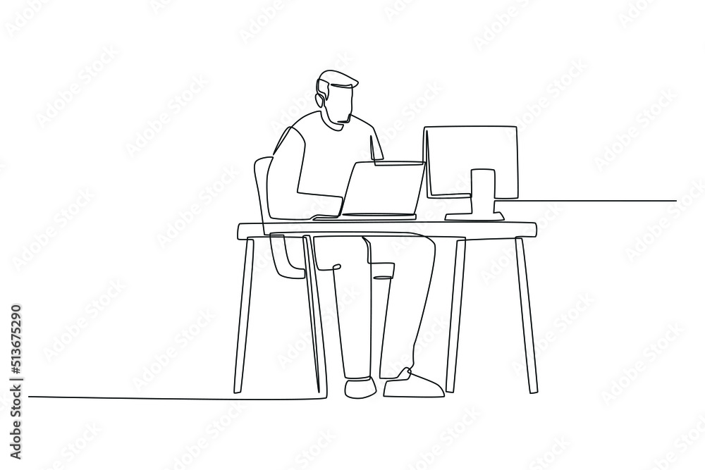 Simple continuous line drawing student learning computer science with computer in class. Subjects concept in school and university. Continuous line draw design graphic vector illustration.