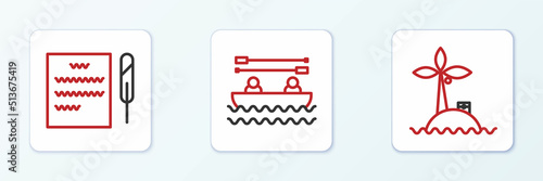 Set line Tropical island in ocean, Feather pen scroll and Boat with oars icon. Vector