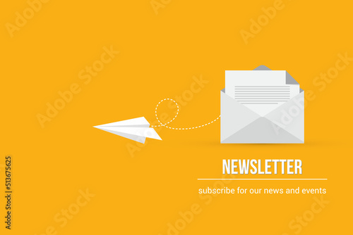Newsletter. Illustration of email marketing. subscription to newsletter, news, offers, promotions. a letter and envelope. subscribe, submit. send by mail. photo