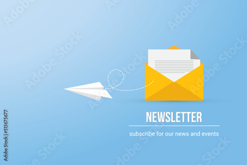 Newsletter. Illustration of email marketing. subscription to newsletter, news, offers, promotions. a letter and envelope. subscribe, submit. send by mail.
