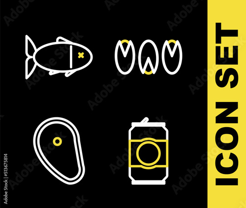 Set line Pistachio nuts, Beer can, Steak meat and Fish icon. Vector