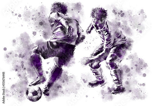 A soccer player and a soccer ball painted with watercolor effects.