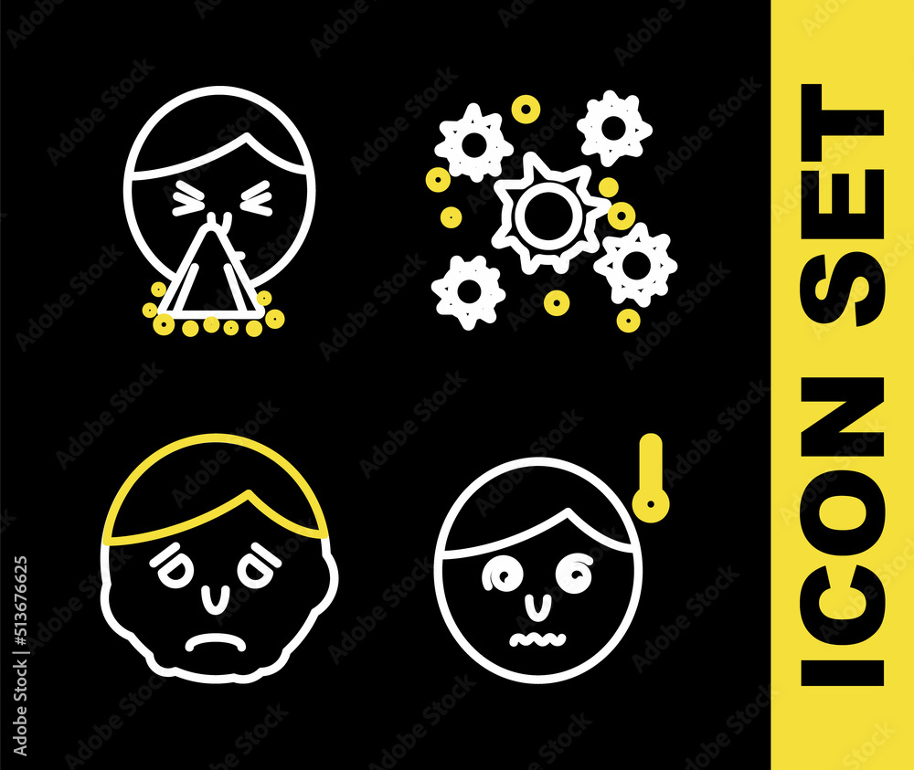 Set line Bacteria, High human body temperature, Inflammation on face and Handkerchief to his runny nose icon. Vector Set line Bacteria, High human body temperature, Inflammation on face and Handkerchief to his runny nose icon. Vector