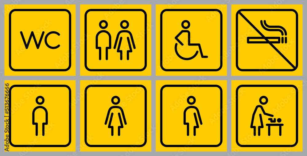 Toilet line icon set on yellow backgrounds. WC sign. Man, woman, mother with baby and handicap symbol. Restroom for male, female, transgender, disabled. Vector graphics Toilet line icon set on yellow backgrounds. WC sign. Man, woman, mother with baby and handicap symbol. Restroom for male, female, transgender, disabled. Vector graphics