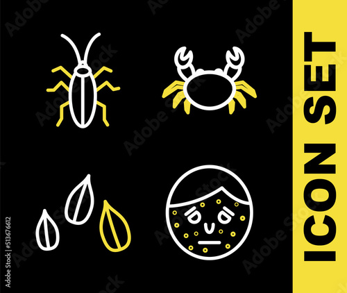 Set line Crab, Face with psoriasis or eczema, Sesame seeds and Cockroach icon. Vector