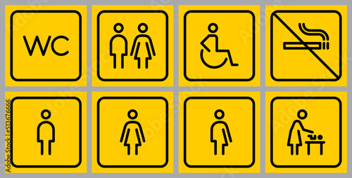 Toilet line icon set on yellow backgrounds. WC sign. Man, woman, mother with baby and handicap symbol. Restroom for male, female, transgender, disabled. Vector graphics