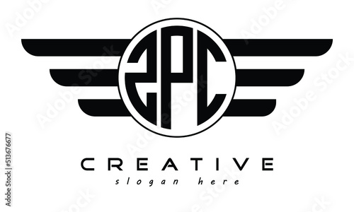 ZPC three letter circle with wings logo design vector template. wordmark logo | emblem logo | monogram logo | initial letter logo | typography logo | business logo | minimalist logo |