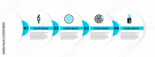 Set line Gear shifter, Car brake disk with caliper, wheel and muffler icon. Vector