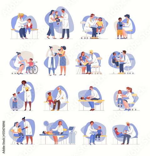 Big set of scenes from children visiting doctor. Consultation of parents on children s diagnostics. Friendly medical workers with little patients. Vector characters flat cartoon illustrations.