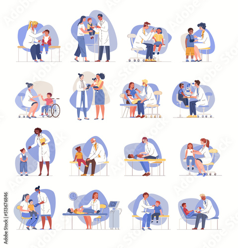 Big set of scenes from children visiting doctor. Consultation of parents on children's diagnostics. Friendly medical workers with little patients. Vector characters flat cartoon illustrations.