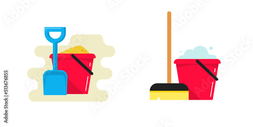 Toy bucket with sand and spade shovel vector icon or plastic pail with mop as cleaning floor service flat cartoon illustration image, sandbox play and household area symbol