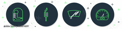Set line Car muffler, Windscreen wiper, Gear shifter and Speedometer icon. Vector