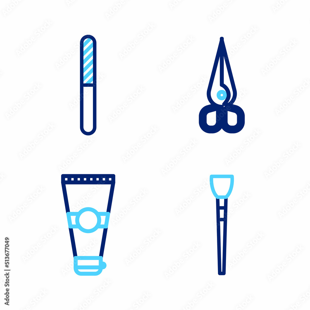 Set line Makeup brush, Lotion cosmetic tube, Scissors and Nail file icon. Vector Set line Makeup brush, Lotion cosmetic tube, Scissors and Nail file icon. Vector