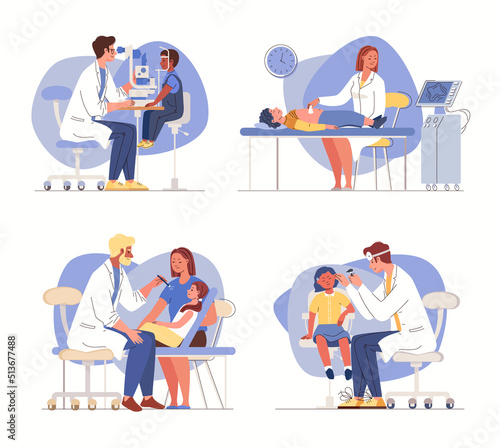 Set of plot illustrations of children's medical diagnostics "physician and Patient". Child is examined by various highly specialized doctors. Vector characters flat cartoon.