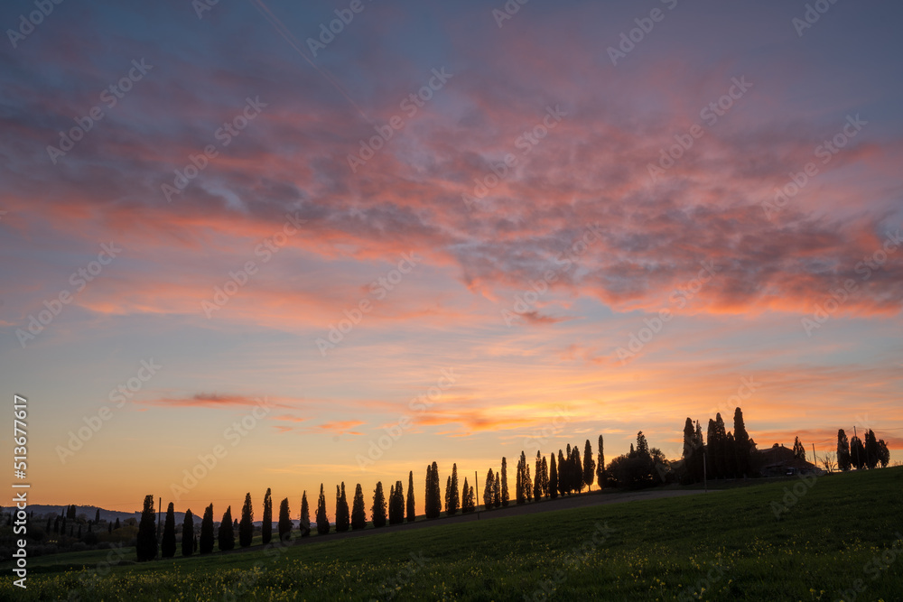 Tuscany landscape panorama at sunrise, Val d'Orcia, Italy