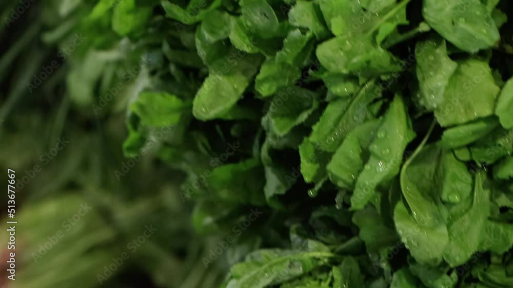 Close-up 4K video of showcase with greenery, radishes at the market Close-up 4K video of showcase with greenery, radishes at the market