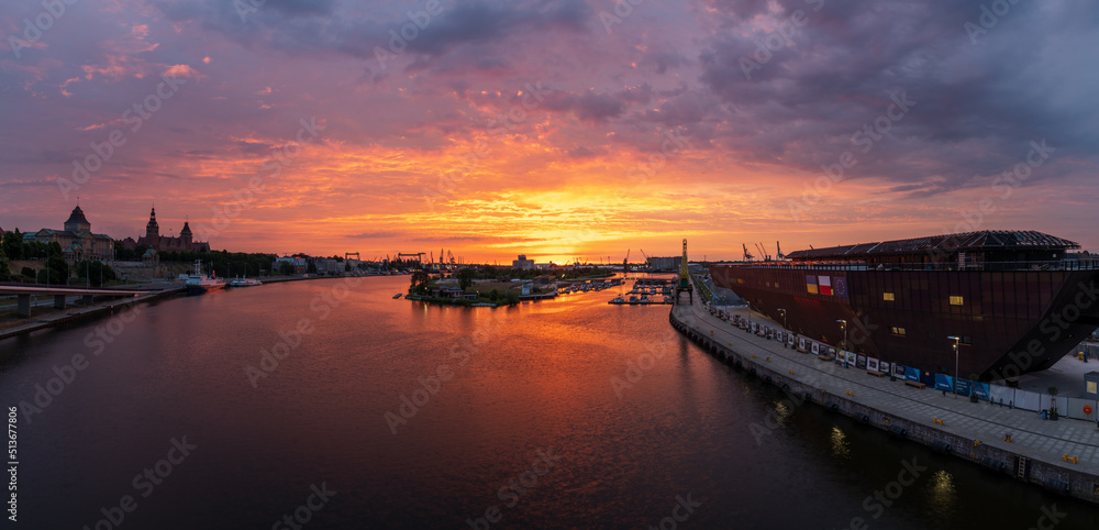 Panorama of Szczecin during a dramatic sunrise