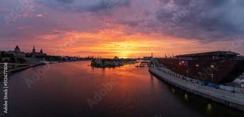 Panorama of Szczecin during a dramatic sunrise