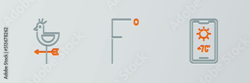Set line Weather forecast, Rooster weather vane and Fahrenheit icon. Vector