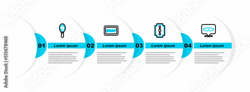 Set line Barbershop, Blade razor, of soap with foam and Hand mirror icon. Vector