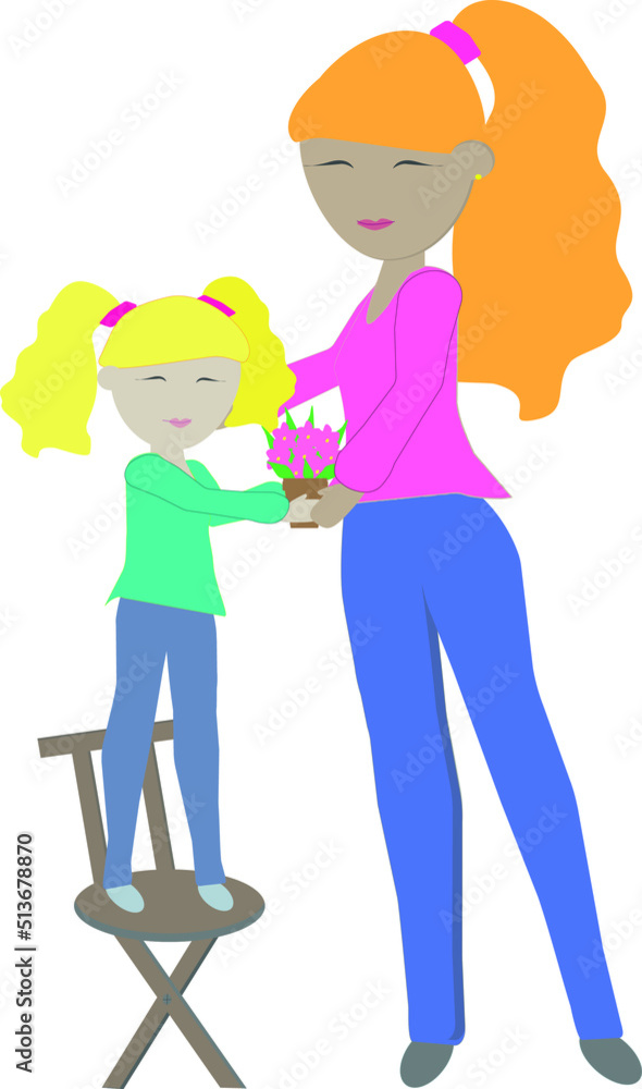Vector illustration daughter gives flowers to mom