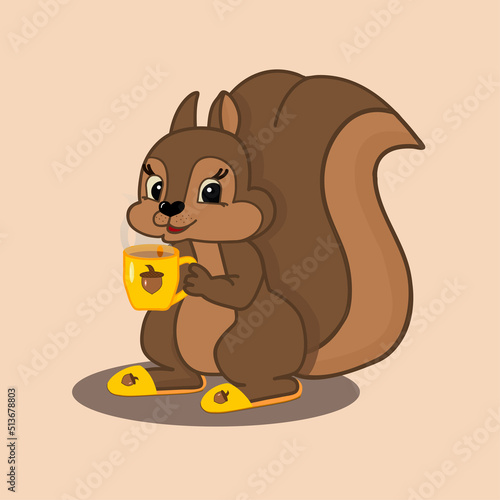 Cartoon brown squirrel vector illustration with coffee, tea in house slippers in autumn, spring. cute wild animal