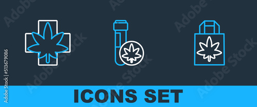 Set line Shopping paper bag of marijuana, Medical or cannabis leaf and Chemical test tube with icon. Vector