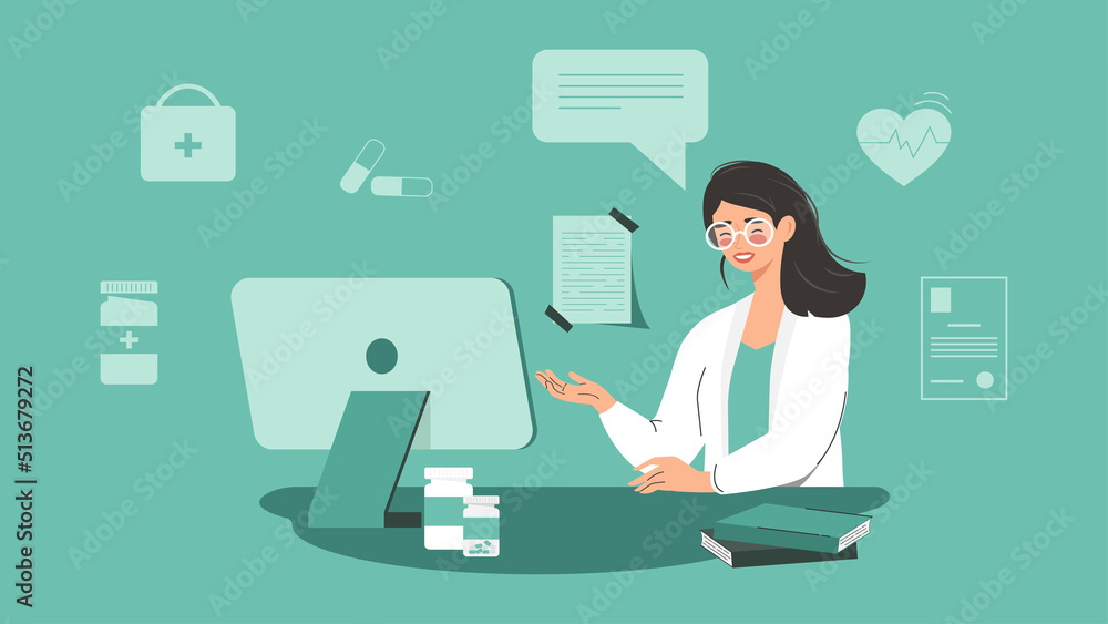 Medical advice or online consultation with a patient and a female doctor. Flat style illustration of a doctor sitting at a computer. Vector Medical advice or online consultation with a patient and a female doctor. Flat style illustration of a doctor sitting at a computer. Vector