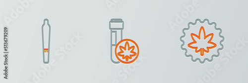 Set line Marijuana or cannabis leaf, joint and Chemical test tube with marijuana icon. Vector