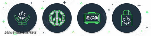 Set line Peace, Digital alarm clock, Marijuana or cannabis leaf and Shopping paper bag of marijuana icon. Vector